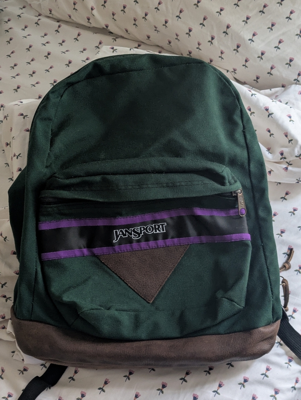 Jansport vintage backpack dark green with genuine leather bottom